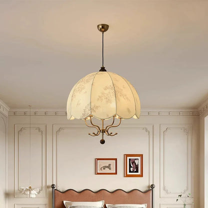 Traditional French Wood Iron Fabric Dome Flower Pattern 4/5 Light Chandeliers For Dining Room