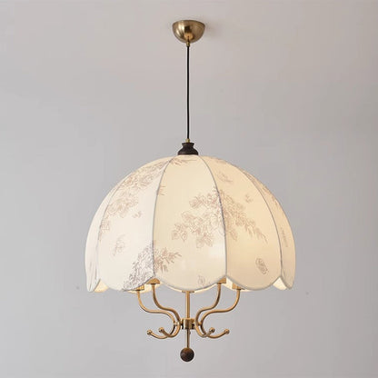 Traditional French Wood Iron Fabric Dome Flower Pattern 4/5 Light Chandeliers For Dining Room