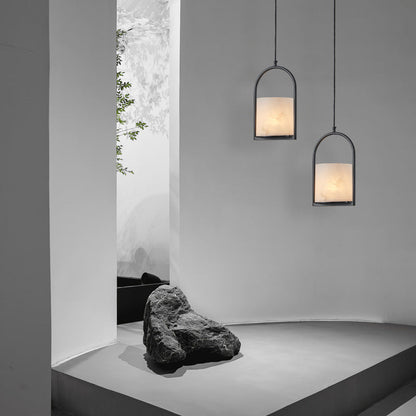 Traditional Chinese Copper Marble Cylinder Candle 1-Light Pendant Light For Bedside