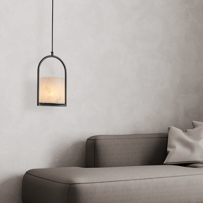 Traditional Chinese Copper Marble Cylinder Candle 1-Light Pendant Light For Bedside
