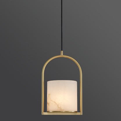 Traditional Chinese Copper Marble Cylinder Candle 1-Light Pendant Light For Bedside