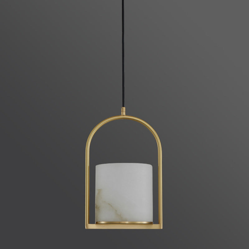 Traditional Chinese Copper Marble Cylinder Candle 1-Light Pendant Light For Bedside