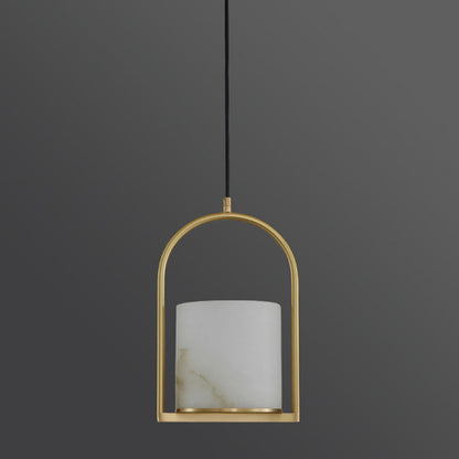 Traditional Chinese Copper Marble Cylinder Candle 1-Light Pendant Light For Bedside