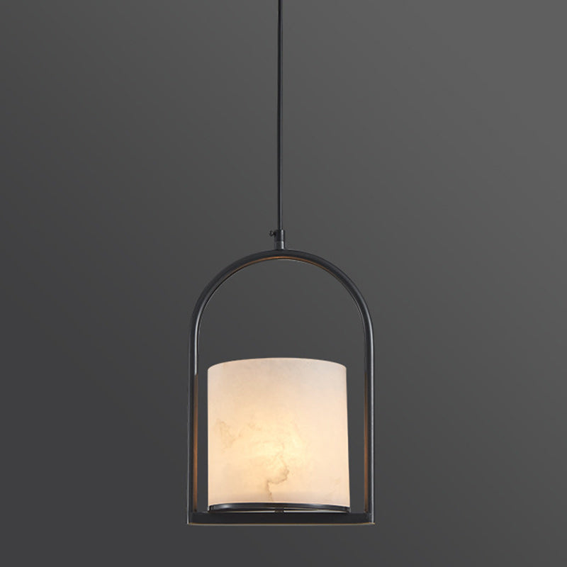 Traditional Chinese Copper Marble Cylinder Candle 1-Light Pendant Light For Bedside