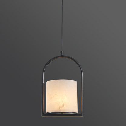 Traditional Chinese Copper Marble Cylinder Candle 1-Light Pendant Light For Bedside