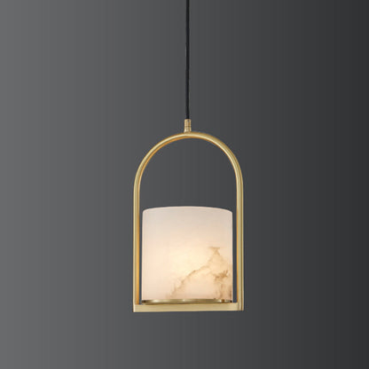 Traditional Chinese Copper Marble Cylinder Candle 1-Light Pendant Light For Bedside