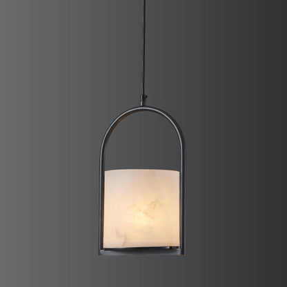 Traditional Chinese Copper Marble Cylinder Candle 1-Light Pendant Light For Bedside