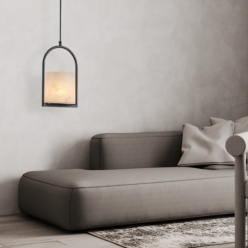 Traditional Chinese Copper Marble Cylinder Candle 1-Light Pendant Light For Bedside