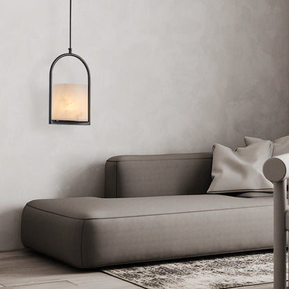 Traditional Chinese Copper Marble Cylinder Candle 1-Light Pendant Light For Bedside