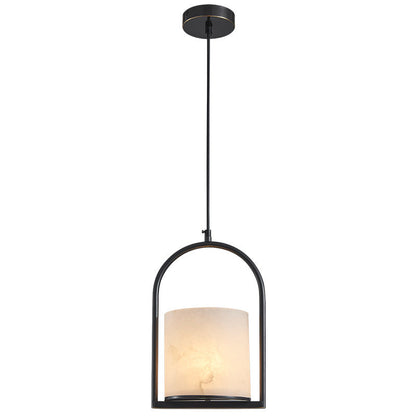 Traditional Chinese Copper Marble Cylinder Candle 1-Light Pendant Light For Bedside