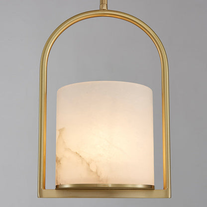 Traditional Chinese Copper Marble Cylinder Candle 1-Light Pendant Light For Bedside