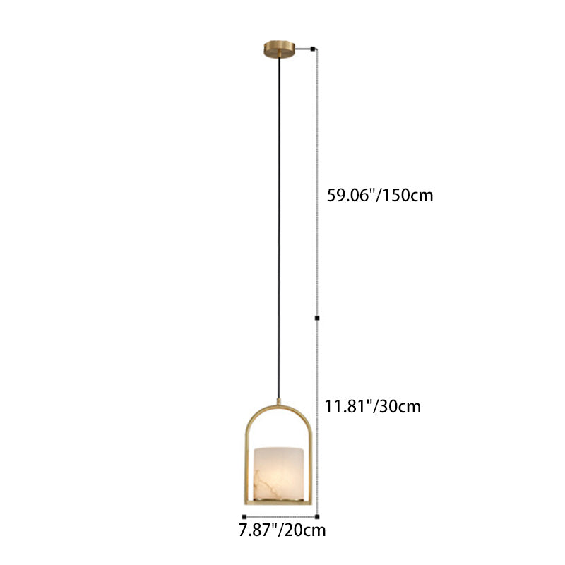 Traditional Chinese Copper Marble Cylinder Candle 1-Light Pendant Light For Bedside