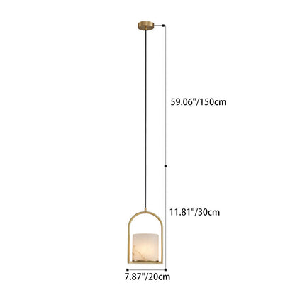 Traditional Chinese Copper Marble Cylinder Candle 1-Light Pendant Light For Bedside