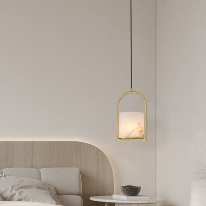Traditional Chinese Copper Marble Cylinder Candle 1-Light Pendant Light For Bedside