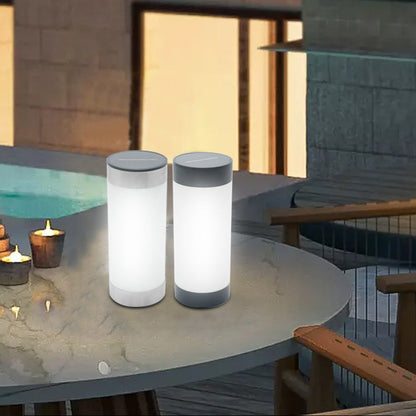 Modern Minimalist Solar Waterproof Stainless Steel Plastic Glass Cylinder Portable LED Outdoor Table Lamp For Outdoor Patio