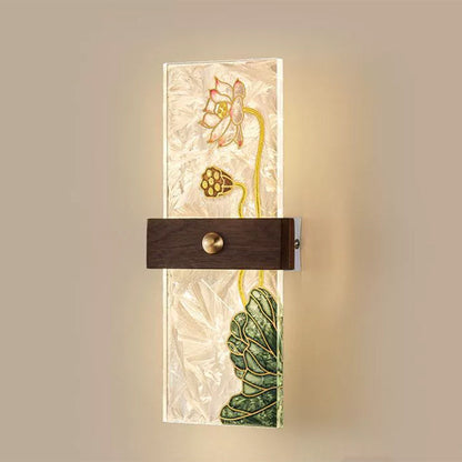 Traditional Chinese Walnut Copper PVC Enamel Painting Rectangular Spindrift Tree Leaf LED Wall Sconce Lamp For Bedside