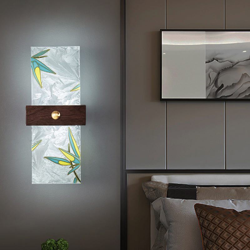 Traditional Chinese Walnut Copper PVC Enamel Painting Rectangular Spindrift Tree Leaf LED Wall Sconce Lamp For Bedside