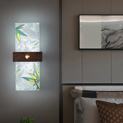 Traditional Chinese Walnut Copper PVC Enamel Painting Rectangular Spindrift Tree Leaf LED Wall Sconce Lamp For Bedside