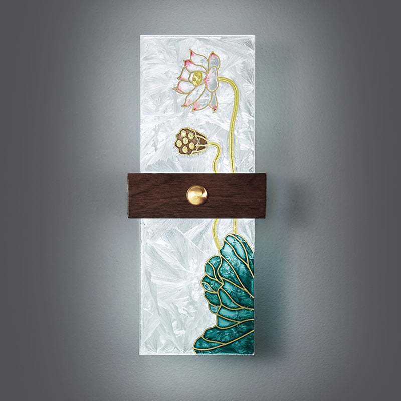Traditional Chinese Walnut Copper PVC Enamel Painting Rectangular Spindrift Tree Leaf LED Wall Sconce Lamp For Bedside