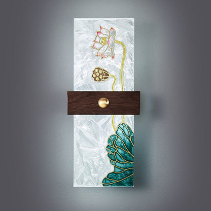 Traditional Chinese Walnut Copper PVC Enamel Painting Rectangular Spindrift Tree Leaf LED Wall Sconce Lamp For Bedside