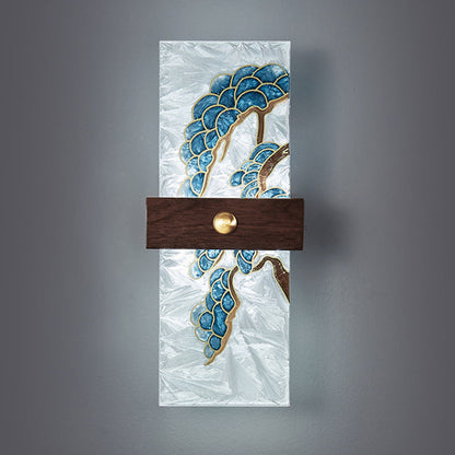 Traditional Chinese Walnut Copper PVC Enamel Painting Rectangular Spindrift Tree Leaf LED Wall Sconce Lamp For Bedside