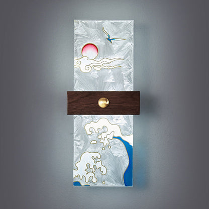 Traditional Chinese Walnut Copper PVC Enamel Painting Rectangular Spindrift Tree Leaf LED Wall Sconce Lamp For Bedside