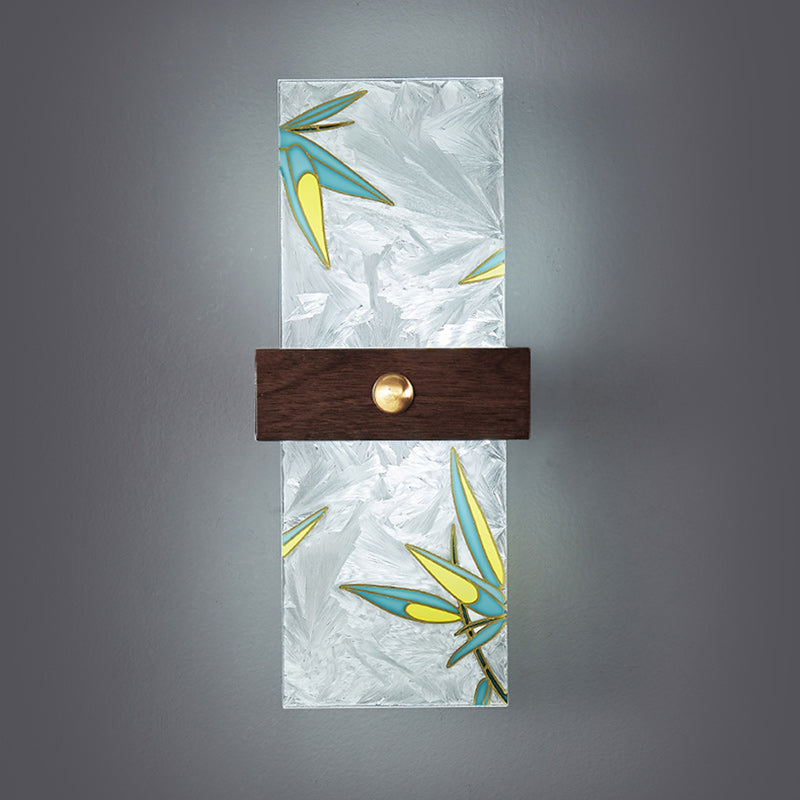 Traditional Chinese Walnut Copper PVC Enamel Painting Rectangular Spindrift Tree Leaf LED Wall Sconce Lamp For Bedside