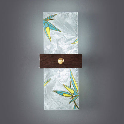 Traditional Chinese Walnut Copper PVC Enamel Painting Rectangular Spindrift Tree Leaf LED Wall Sconce Lamp For Bedside