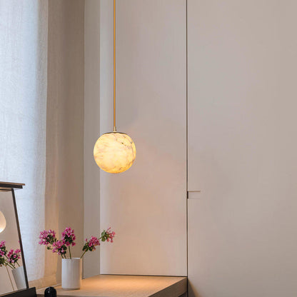 Traditional Chinese Brass Marble Ball Cylinder 1-Light Pendant Light For Bedside
