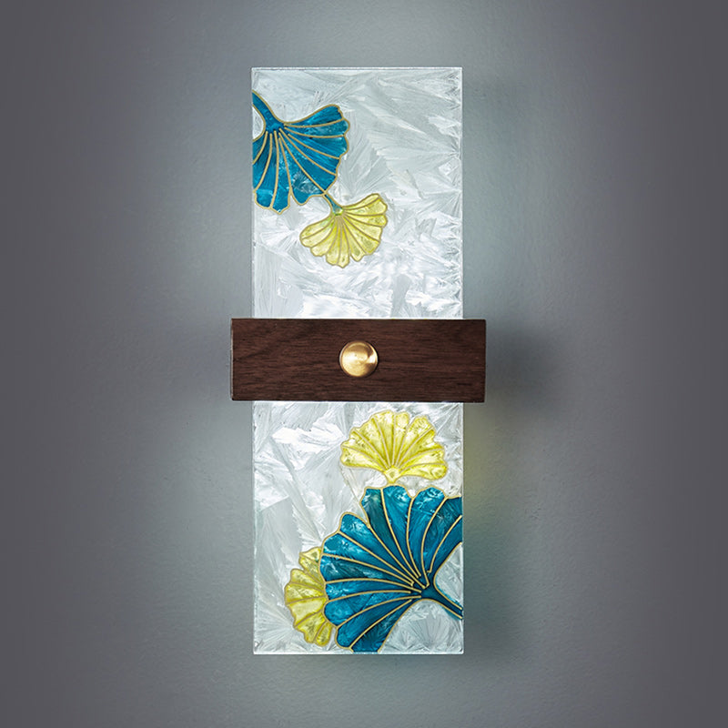 Traditional Chinese Walnut Copper PVC Enamel Painting Rectangular Spindrift Tree Leaf LED Wall Sconce Lamp For Bedside
