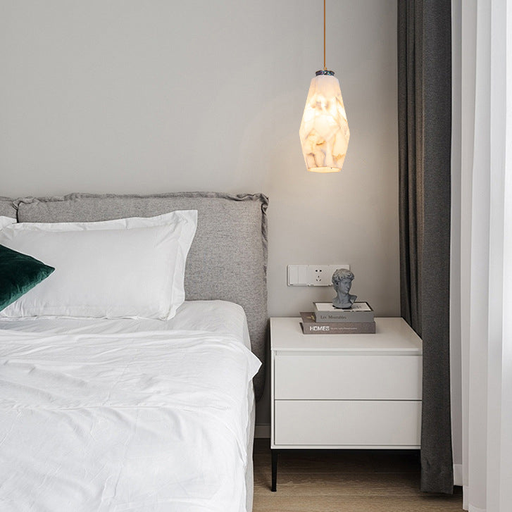 Traditional Chinese Brass Marble Ball Cylinder 1-Light Pendant Light For Bedside