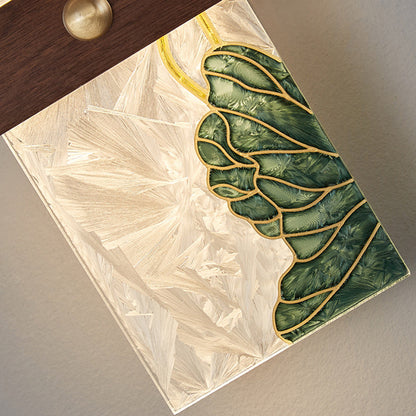 Traditional Chinese Walnut Copper PVC Enamel Painting Rectangular Spindrift Tree Leaf LED Wall Sconce Lamp For Bedside