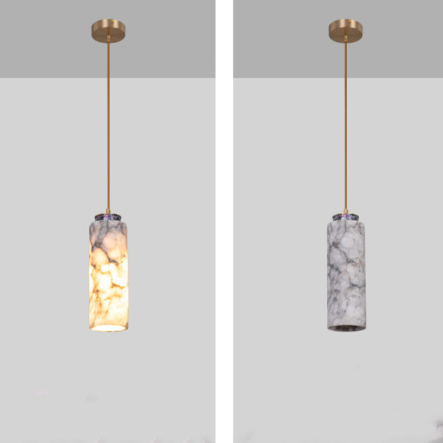 Traditional Chinese Brass Marble Ball Cylinder 1-Light Pendant Light For Bedside