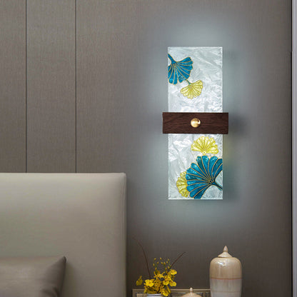 Traditional Chinese Walnut Copper PVC Enamel Painting Rectangular Spindrift Tree Leaf LED Wall Sconce Lamp For Bedside
