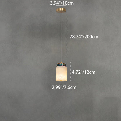 Traditional Chinese Brass Marble Ball Cylinder 1-Light Pendant Light For Bedside
