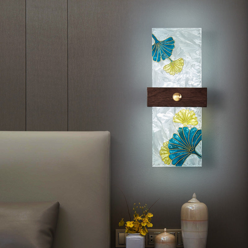 Traditional Chinese Walnut Copper PVC Enamel Painting Rectangular Spindrift Tree Leaf LED Wall Sconce Lamp For Bedside