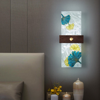 Traditional Chinese Walnut Copper PVC Enamel Painting Rectangular Spindrift Tree Leaf LED Wall Sconce Lamp For Bedside