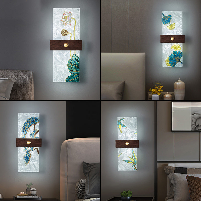 Traditional Chinese Walnut Copper PVC Enamel Painting Rectangular Spindrift Tree Leaf LED Wall Sconce Lamp For Bedside