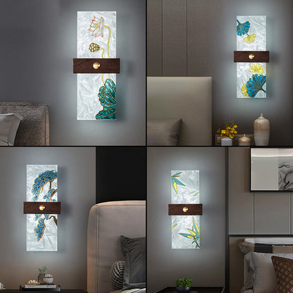 Traditional Chinese Walnut Copper PVC Enamel Painting Rectangular Spindrift Tree Leaf LED Wall Sconce Lamp For Bedside