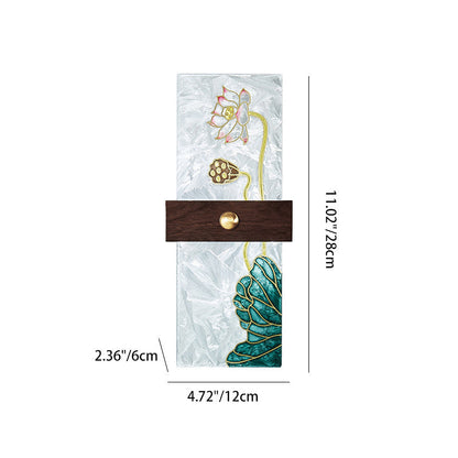 Traditional Chinese Walnut Copper PVC Enamel Painting Rectangular Spindrift Tree Leaf LED Wall Sconce Lamp For Bedside