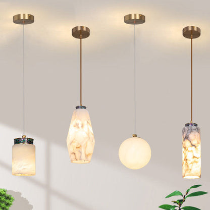 Traditional Chinese Brass Marble Ball Cylinder 1-Light Pendant Light For Bedside