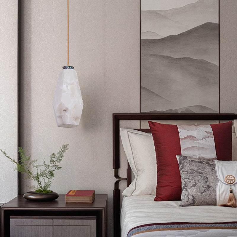 Traditional Chinese Brass Marble Ball Cylinder 1-Light Pendant Light For Bedside
