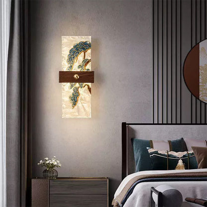 Traditional Chinese Walnut Copper PVC Enamel Painting Rectangular Spindrift Tree Leaf LED Wall Sconce Lamp For Bedside