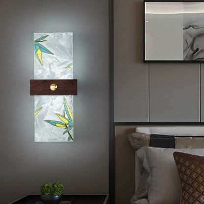 Traditional Chinese Walnut Copper PVC Enamel Painting Rectangular Spindrift Tree Leaf LED Wall Sconce Lamp For Bedside