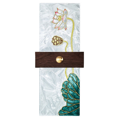 Traditional Chinese Walnut Copper PVC Enamel Painting Rectangular Spindrift Tree Leaf LED Wall Sconce Lamp For Bedside
