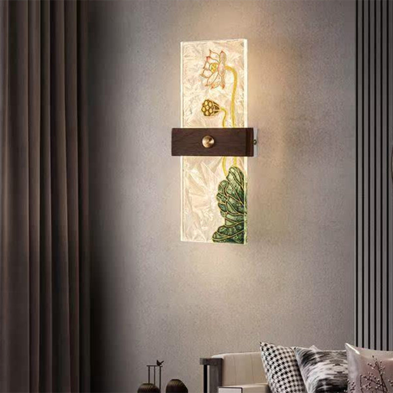 Traditional Chinese Walnut Copper PVC Enamel Painting Rectangular Spindrift Tree Leaf LED Wall Sconce Lamp For Bedside