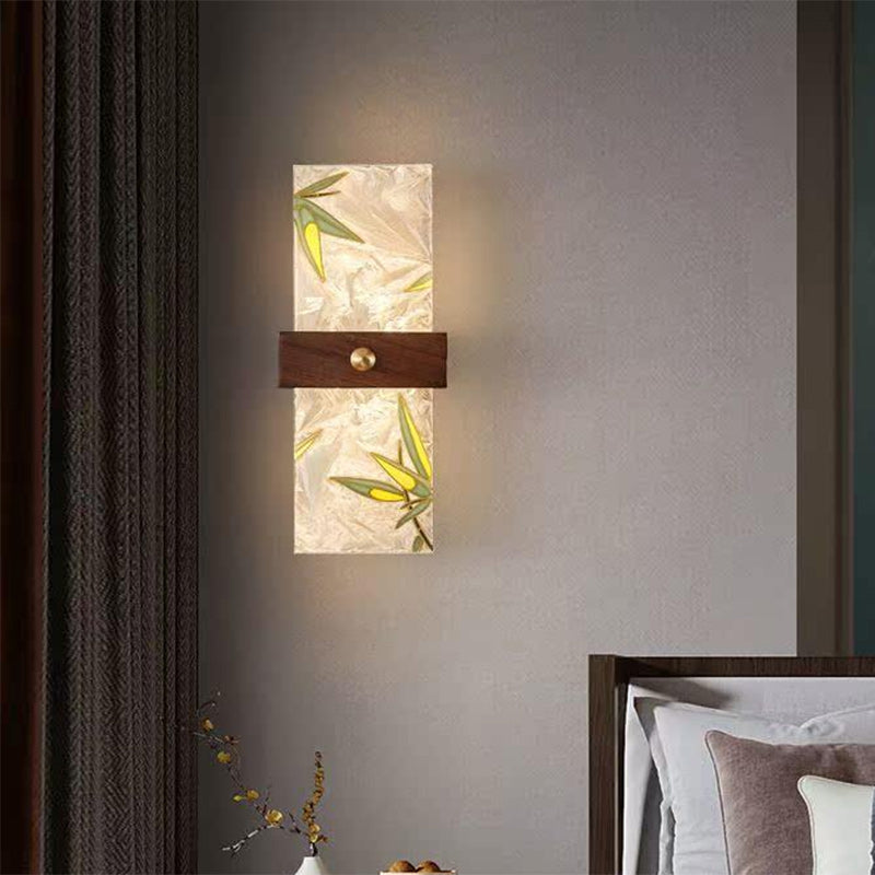 Traditional Chinese Walnut Copper PVC Enamel Painting Rectangular Spindrift Tree Leaf LED Wall Sconce Lamp For Bedside