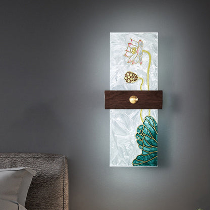Traditional Chinese Walnut Copper PVC Enamel Painting Rectangular Spindrift Tree Leaf LED Wall Sconce Lamp For Bedside