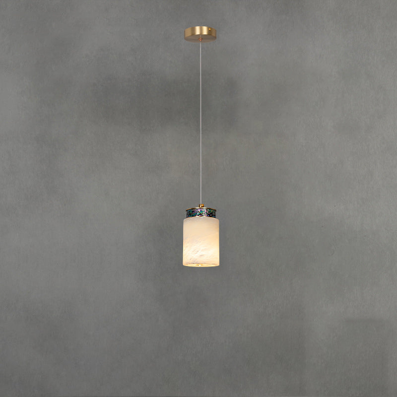 Traditional Chinese Brass Marble Ball Cylinder 1-Light Pendant Light For Bedside