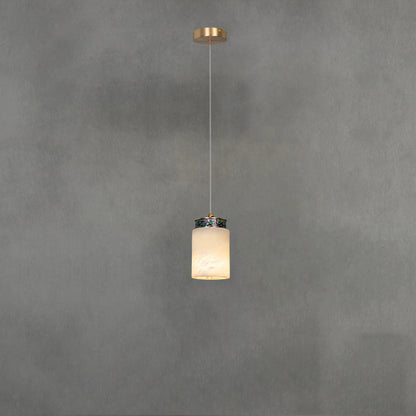 Traditional Chinese Brass Marble Ball Cylinder 1-Light Pendant Light For Bedside